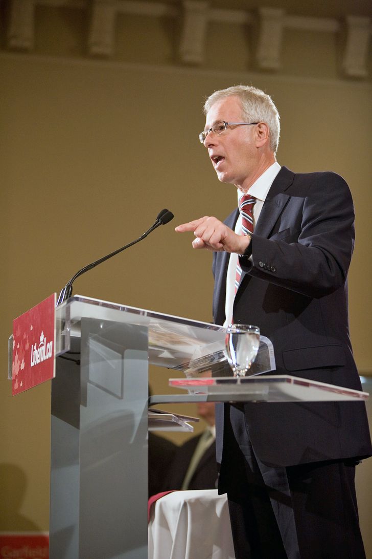 Stephane Dion addresses a standing-room-only crowd at a Town Hall event at the Greenwood Inn and Suites in Calgary on September 22, 2008.