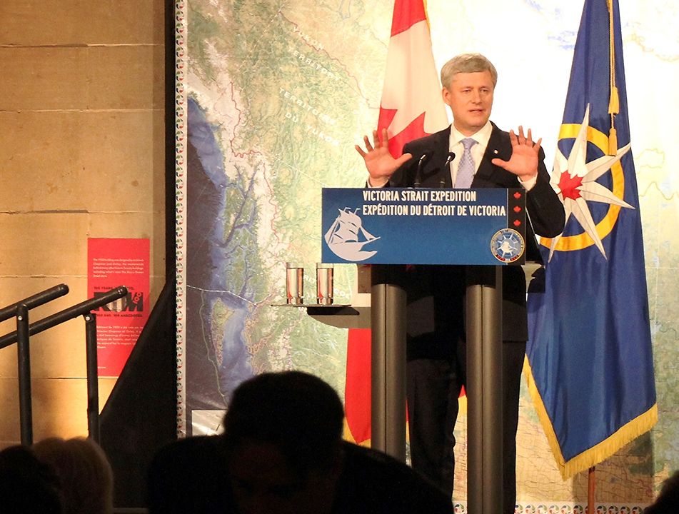 Canadian Prime Minister Stephen Harper appearing at a gala to celebrate last summer's discover of the HMS Erebus, one of two ships wrecked i