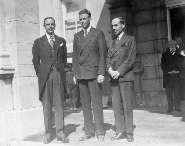 Charles Lindbergh (centre) with Hon. William Phillips (left) and Hon. Vincent Massey (right) in 1927 in Ottawa, presumably after Lindberg's